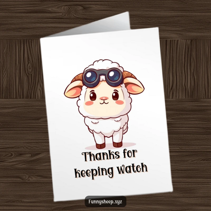 Funny Free Printable Thank You Card: A sheep wearing small binoculars gazes intently at the sky, conveying thanks.