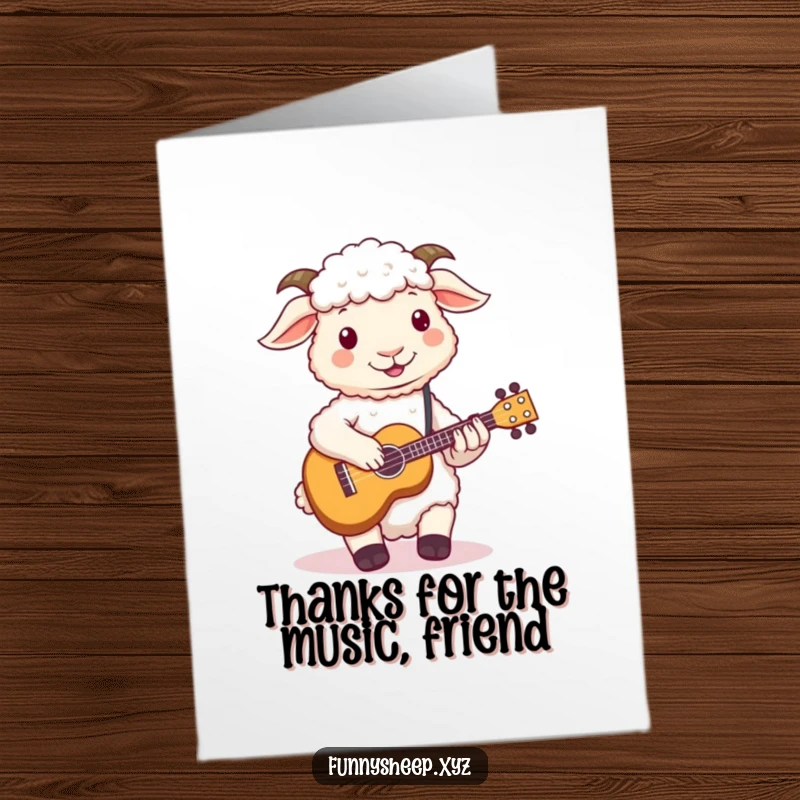 Funny Free Printable Thank You Card: A sheep enthusiastically strumming a tiny ukulele, a hilarious downloadable sentiment.