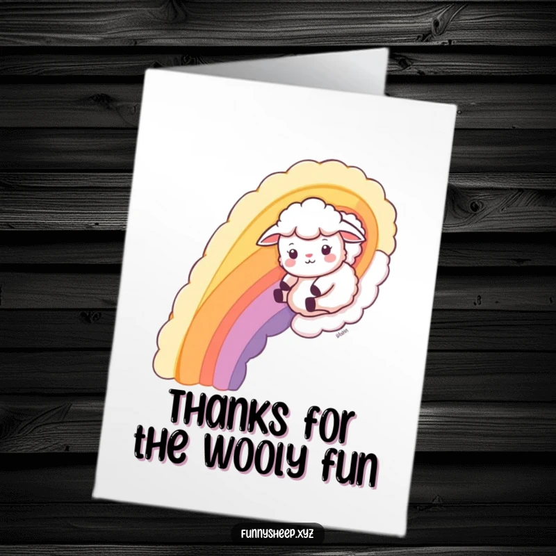 Funny Free Printable Thank You Card: A playful sheep's exciting slide down a bright rainbow constructed from colorful wool strands.