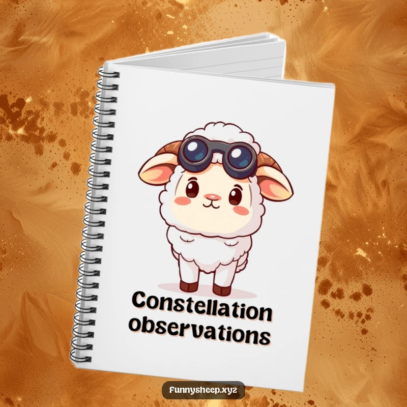Funny curious sheep notebook featuring a sheep character wearing tiny binoculars, looking up at the sky, perfect for jotting down ideas humorously.