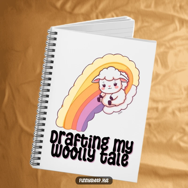 Funny Sheep Notebook with a playful sheep character sliding down a wool rainbow, ideal for creative writing.