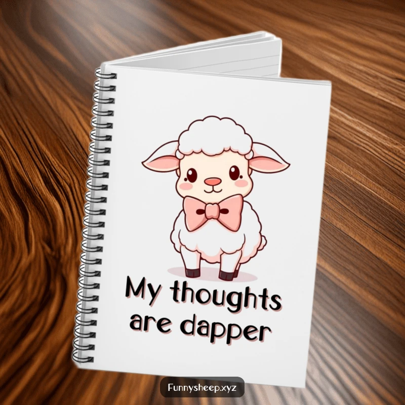 Funny Sheep Notebook with a silly sheep character wearing a giant oversized bowtie, ideal for jotting down ideas.
