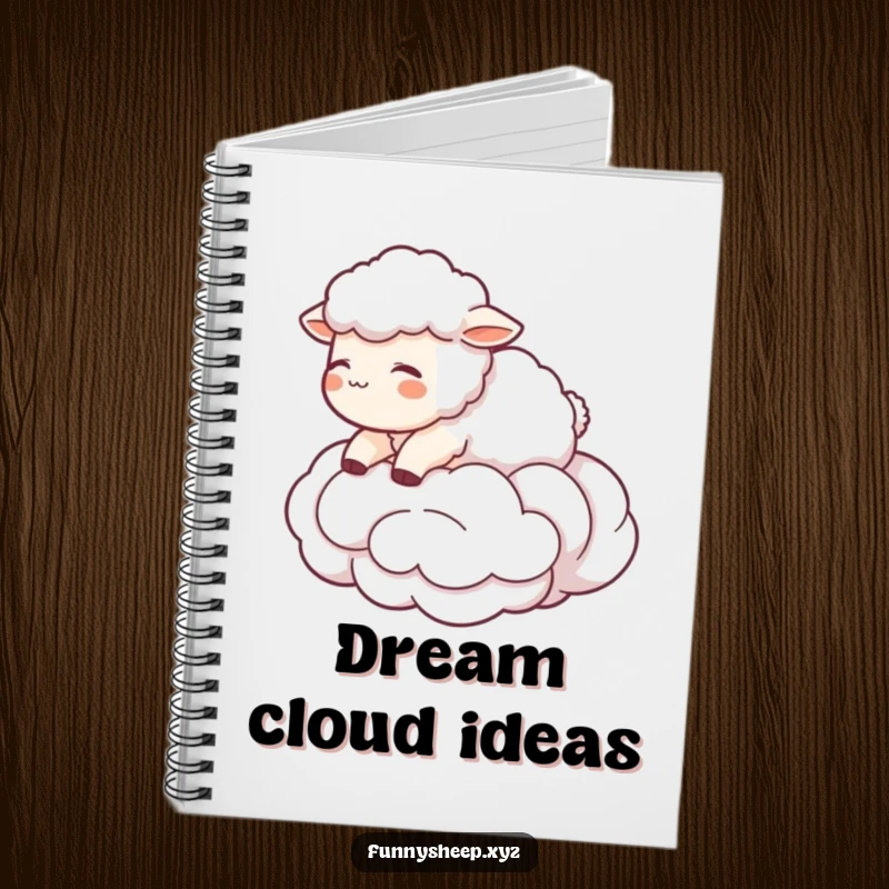 Funny Sheep Notebook featuring a character floating on a wool cloud, ideal for journaling and dreams, perfect funny gift.