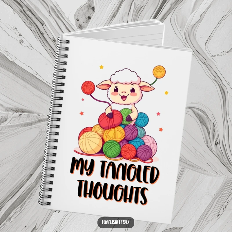 Funny Sheep Notebook featuring a character juggling yarn balls, ideal for crafting notes and ideas, perfect funny gift.