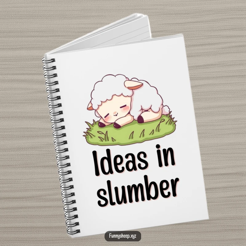 Funny sheep notebook showing a content sheep character napping peacefully on grass, ideal for serene note-taking and reflection.
