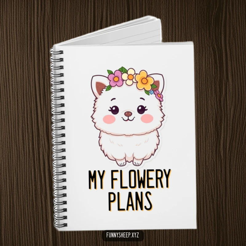 Funny Notebook: A happy, fluffy animal character wearing a flower crown, ideal for journaling thoughts and creative ideas.