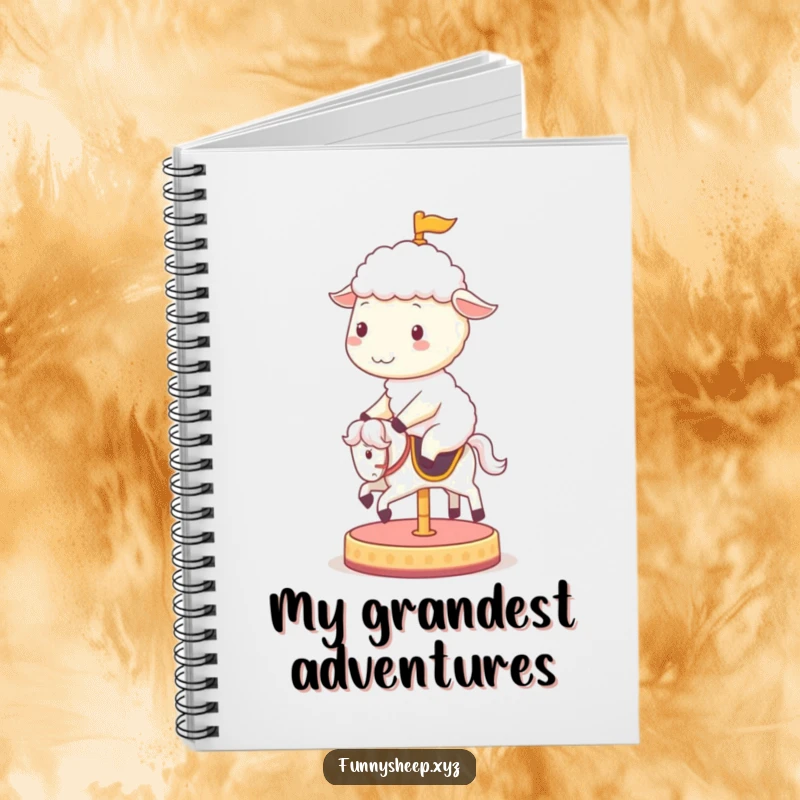 Funny sheep notebook showing a happy sheep character riding a spinning carousel horse, great for jotting down whimsical thoughts.