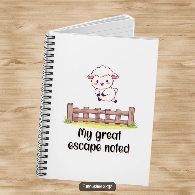 Funny Sheep Notebook featuring a character leaping over a fence, ideal for notes and planning, perfect funny gift.