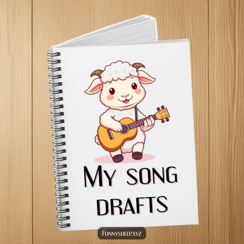 Funny sheep notebook with a fluffy sheep playing a tiny ukulele with its wool hooves, a whimsical writing companion.