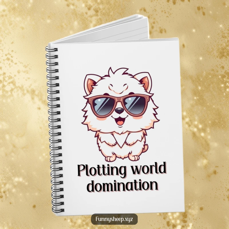 Funny notebook cover with a giggling fluffy animal character wearing cool oversized sunglasses, inspiring creative and humorous writing.