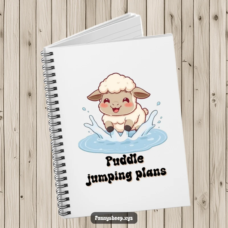 Funny sheep notebook with a fluffy sheep gleefully splashing in a puddle, sending water flying, a whimsical writing companion.
