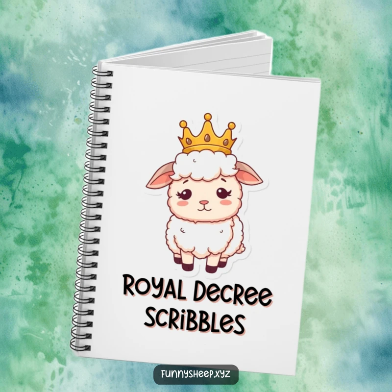 Funny sheep notebook with a fluffy sheep wearing a tiny crown, looking regal yet confused, a whimsical writing companion.