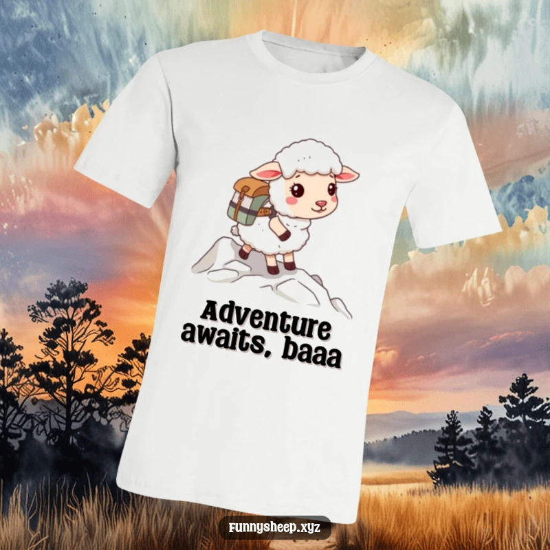 Funny sheep t-shirt of a fluffy sheep with a backpack setting off on a challenging mountain climb, full of spirit.