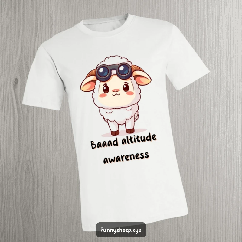 Funny curious sheep t-shirt design of a sheep character wearing small binoculars, gazing upwards at the sky with curiosity.