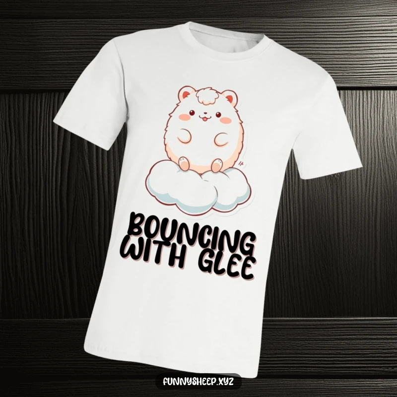 Funny T-Shirt: A fluffy, round animal character playfully bouncing enthusiastically on a dreamy cloud, radiating pure joy.