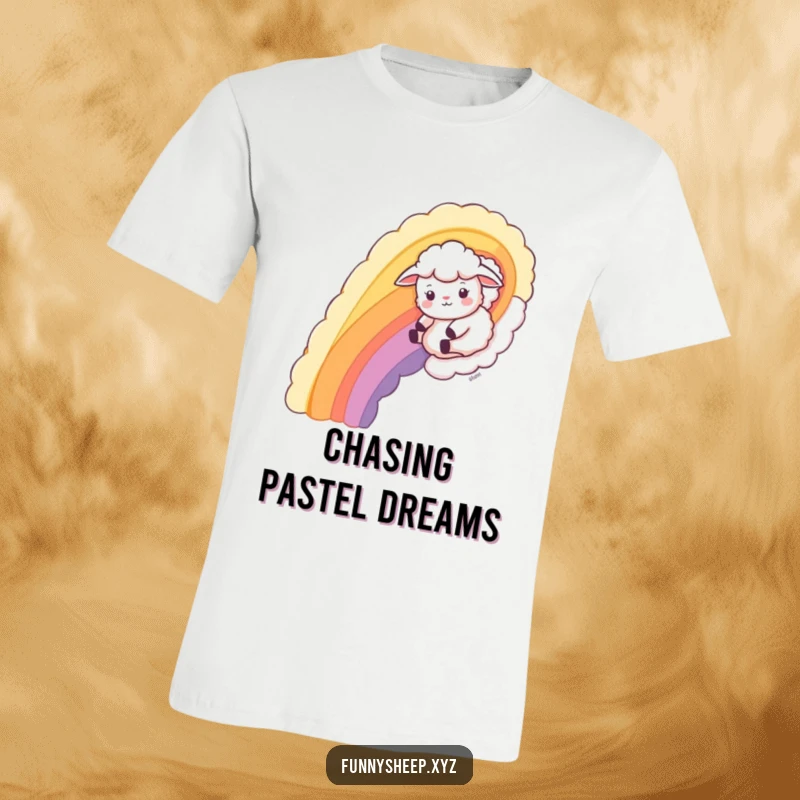 Funny Sheep T-Shirt featuring a playful sheep character joyfully sliding down a rainbow made entirely of wool.