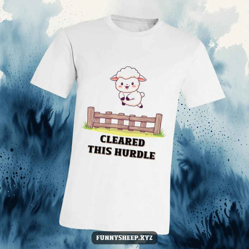 Funny Sheep T-Shirt showing a fluffy character joyfully leaping over a stylized fence, energetic and humorous, great funny gift.