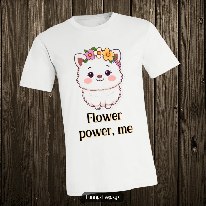 Funny T-Shirt: A happy, fluffy animal character wearing a colorful flower crown, radiating cheerful vibes and natural beauty.