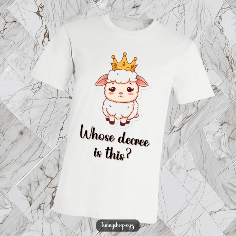 Funny sheep t-shirt of a fluffy sheep wearing a miniature crown, looking regal but confused, a comical royal portrait.