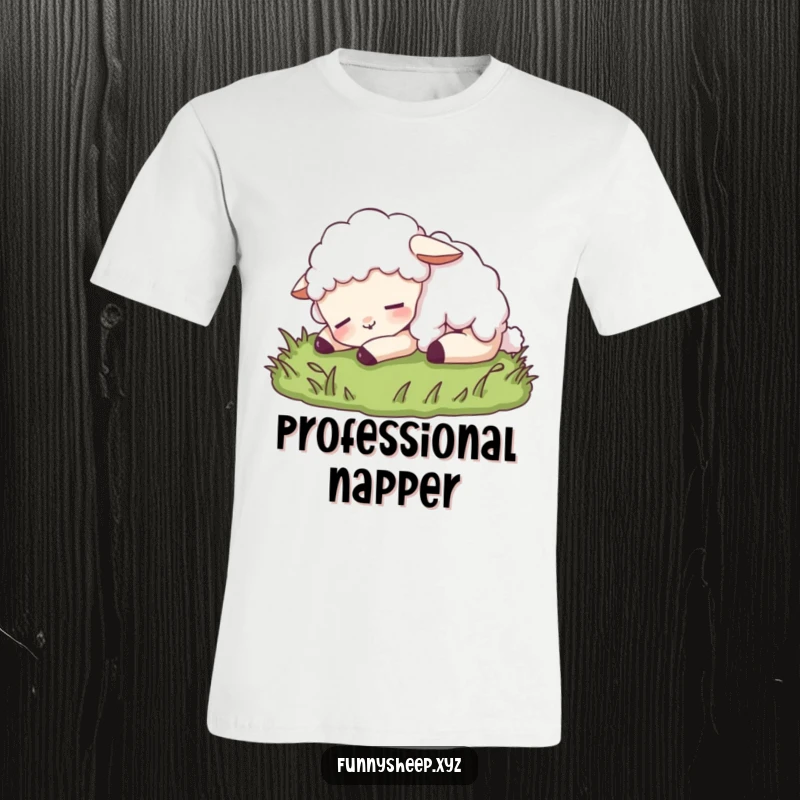 Funny sheep t-shirt with a contented sheep character napping soundly on a patch of grass, capturing serene and humorous relaxation.