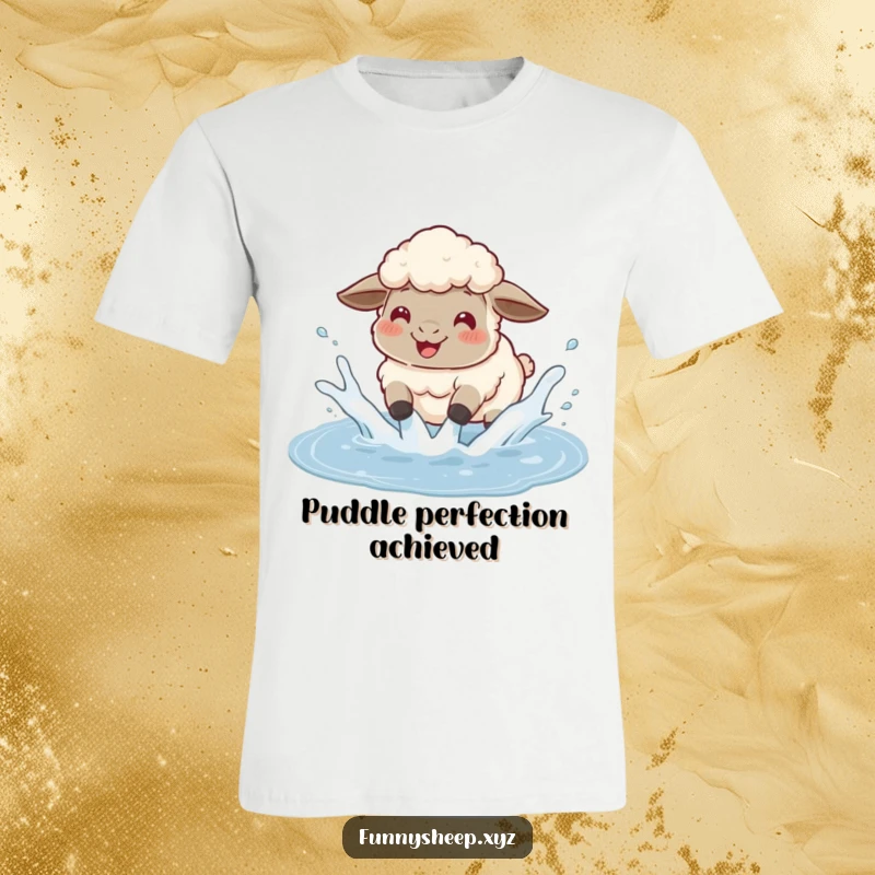 Funny sheep t-shirt of a fluffy sheep gleefully splashing in a muddy puddle, creating a joyful water explosion.
