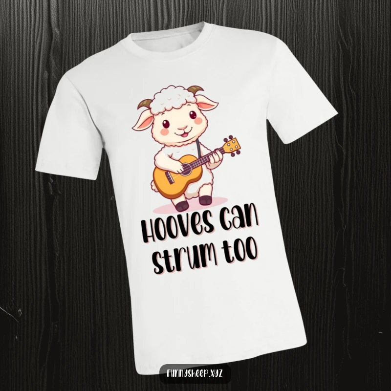 Funny sheep t-shirt showing a fluffy sheep struggling to play a small ukulele with its hooves, a comical music scene.