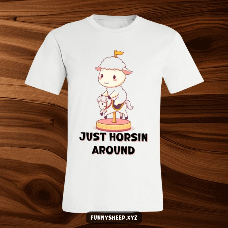 Funny sheep t-shirt depicting a happy sheep character gleefully riding a spinning carousel horse, radiating infectious happiness.