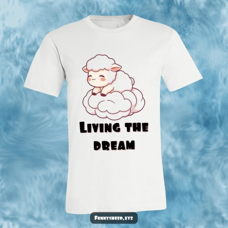 Funny Sheep T-Shirt showing a cute character floating on a wool cloud, dreamy and humorous, great funny gift.