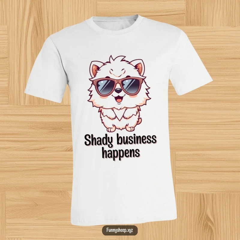 Funny T-shirt showcasing a giggling, fluffy animal character confidently wearing oversized sunglasses, looking incredibly cool and happy.