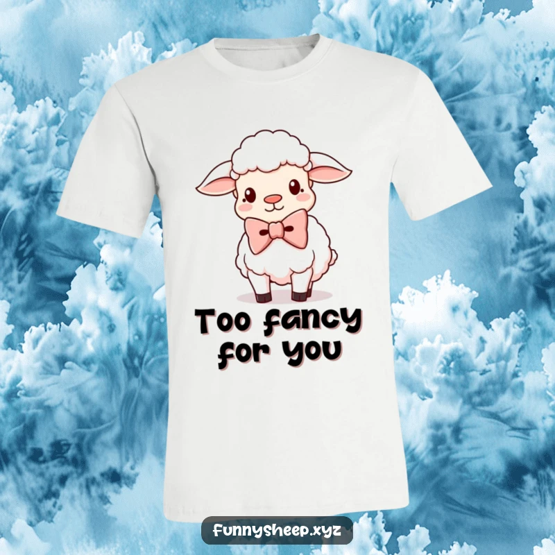 Funny Sheep T-Shirt featuring a silly sheep character wearing a giant, oversized bowtie, expressing playful elegance.