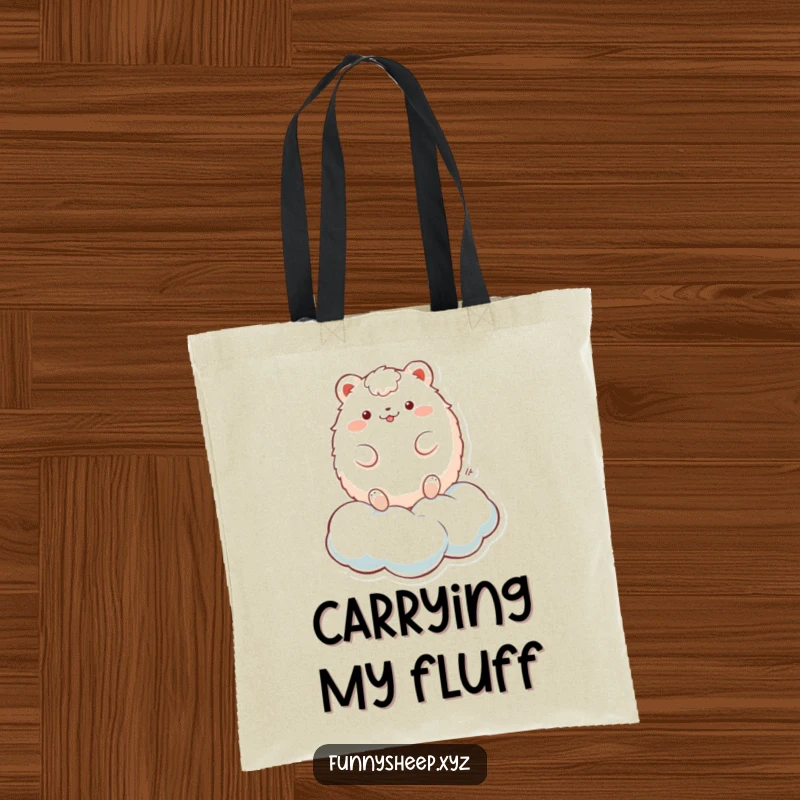 Funny Tote Bag: A fluffy, round animal character playfully bouncing on a cloud, perfect for carrying essentials with whimsical style.