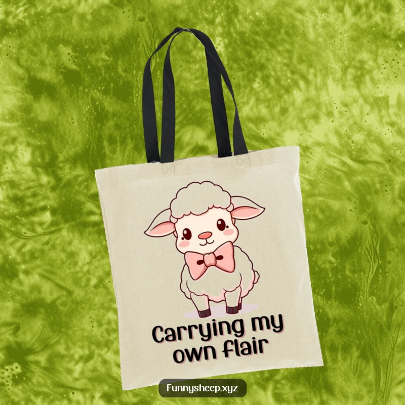 Funny Sheep Tote Bag, featuring a silly sheep character in a giant oversized bowtie, perfect for shopping or daily use.