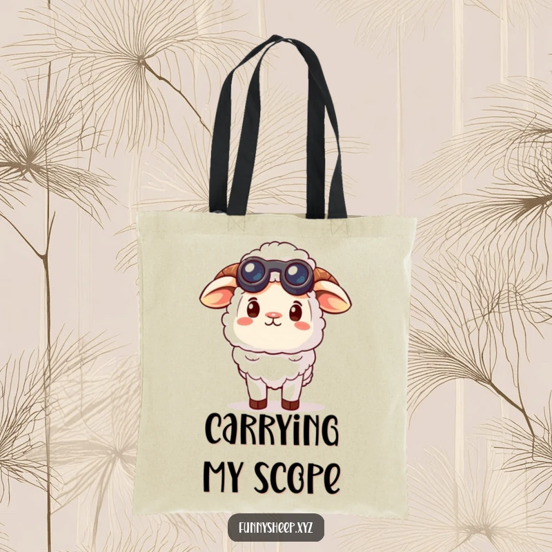 Funny curious sheep tote bag with a sheep character wearing small binoculars, looking up at the sky, great for carrying items humorously.