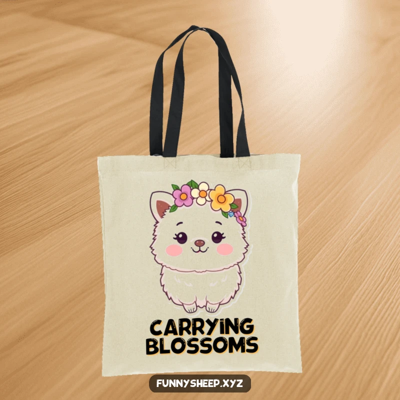 Funny Tote Bag: A happy, fluffy animal character wearing a flower crown, perfect for carrying essentials with boho chic style.