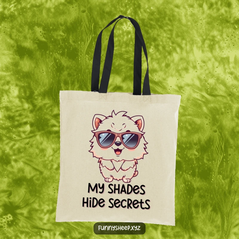 Funny tote bag featuring a giggling, fluffy animal character wearing large sunglasses, looking effortlessly cool and ready for adventure.