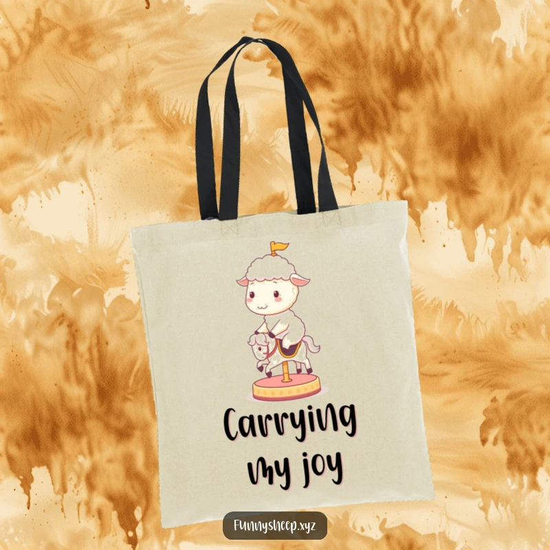 Funny sheep tote bag featuring a cheerful sheep character enjoying a thrilling ride on a miniature carousel horse, spreading pure joy.