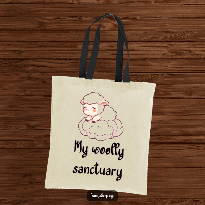 Funny Sheep Tote Bag showcasing a character floating on a wool cloud, dreamy and humorous, excellent funny gift.