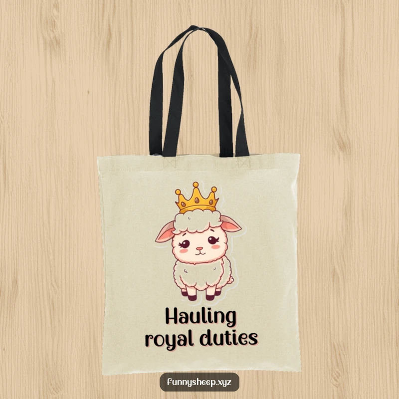 Funny sheep tote bag with a fluffy sheep wearing a tiny crown, looking regal but slightly confused, a majestic accessory.