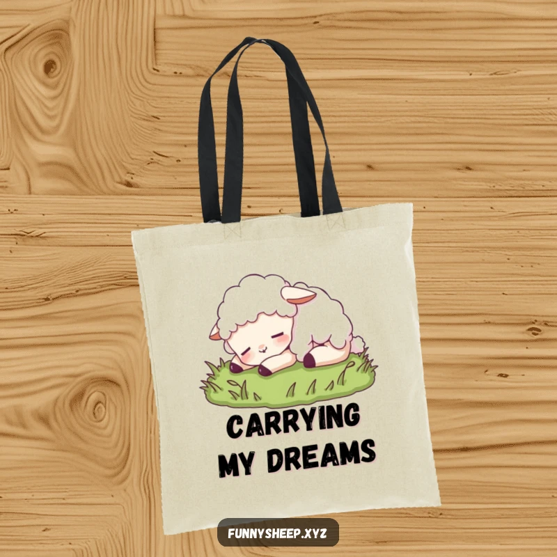 Funny sheep tote bag showcasing a content sheep character napping peacefully on grass, perfect for carrying relaxation and humor.