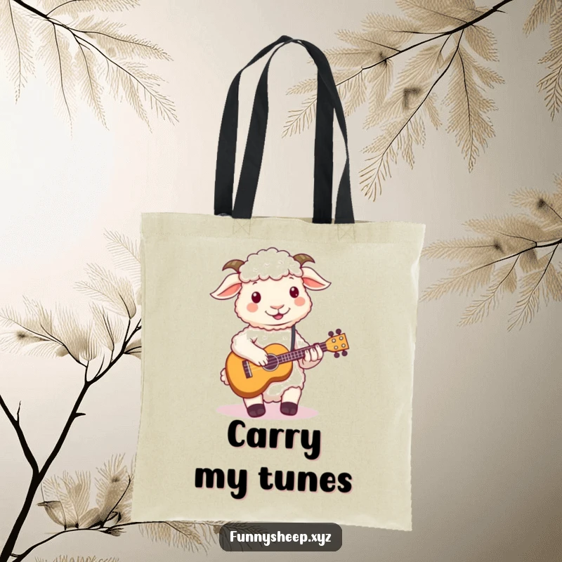 Funny sheep tote bag featuring a fluffy sheep hilariously trying to play a small ukulele with its hooves, a concert mishap.