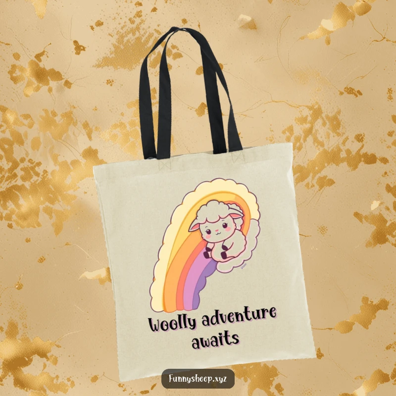 Funny Sheep Tote Bag featuring a playful sheep sliding down a wool rainbow, ideal for shopping and daily use.