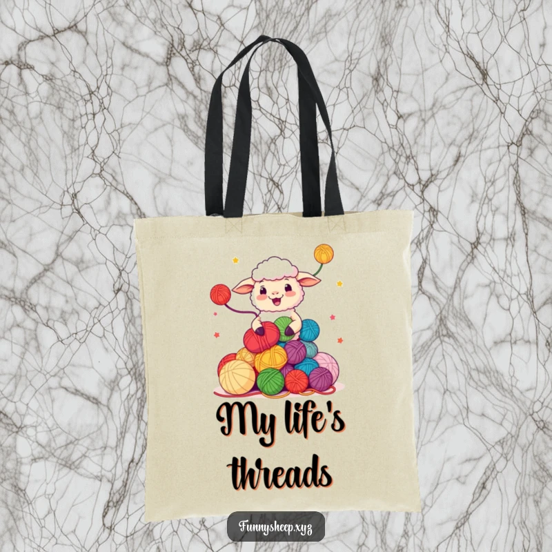 Funny Sheep Tote Bag showcasing a character juggling colorful yarn balls, crafty and humorous, excellent funny gift.
