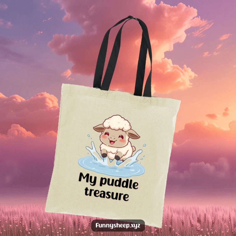 Funny sheep tote bag with a fluffy sheep joyfully splashing in a puddle, creating a playful water scene, a fun accessory.